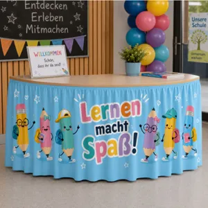 Back to School Table Skirt Classroom Decoration Party Supplies Blue Pleated Cute Pencils