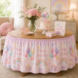 Rosa Geburtstag Tischrock für Party, wasserdichte Polyester runder Tischdecke mit bunten Motiven.