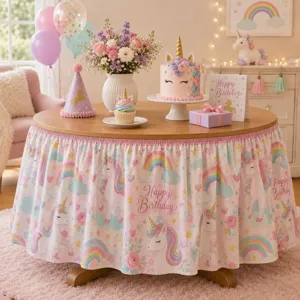 Detailansicht des schicken Einhorn Geburtstag Party Tischrocks aus wasserdichtem Polyester.