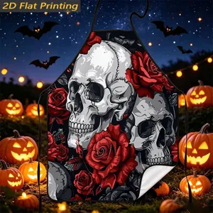 Halloween skull rose print kitchen apron, gothic style sleeveless waterproof cleaning apron.