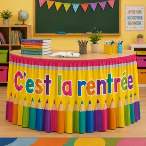 Colorful school table skirt classroom decoration back to school party supply fabric pencil design