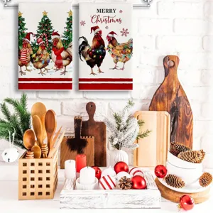 Weihnachten Küche Mikrofaser Geschirrtuch Set mit festlichem Hahnen-Druck für die Feiertage.