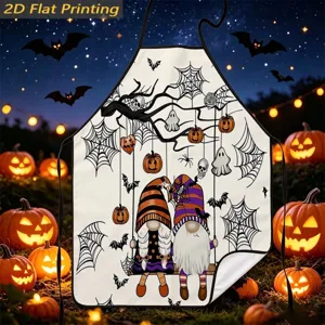 Halloween gnome apron detail, featuring cute cartoon gnomes and pumpkins on fabric.