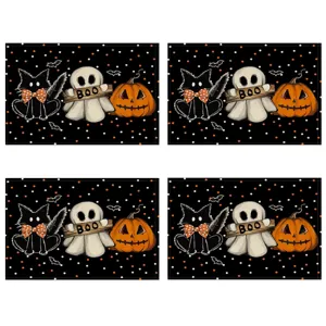 Halloween placemats set of 4 black cat ghost pumpkin table mats rustic linen dining table