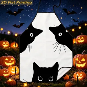 Halloween black cat print apron detail, festive kitchen decoration fabric, fun spooky cooking bib.
