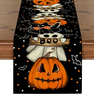 Halloween table runner with pumpkin ghost black cat pattern for festive dining table decor.