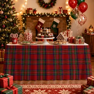 Christmas table scene detail featuring festive red plaid tablecloth and holiday party decor.
