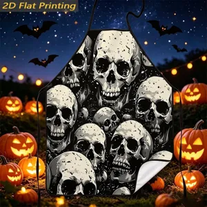 Detailed view of Halloween skeleton print apron in glowing pumpkin night scene, kitchen decor.