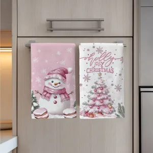 Rosa Weihnachts Mikrofaser Küchentücher Set mit süßem Schneemann und Tannenbaum Motiv.