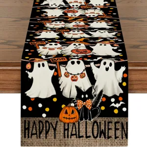 Halloween table runner close up detail with cute ghost and cat print festive home decor linen