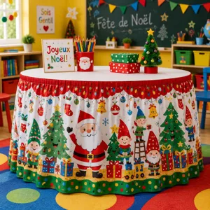 Weihnachtstischrock mit niedlichem Weihnachtsmann und Elfen Motiv für festliche Party Deko.