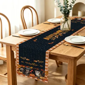 Fall Table Runner Thanksgiving Autumn Decor Pumpkin Owl Squirrel Print Dining Table Detail View