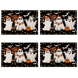 Halloween linen placemat with cute ghost and pumpkin pattern, perfect for holiday table decor.
