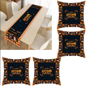 Autumn Thanksgiving table runner and pillow covers set with cute owl and pumpkin prints for home decor.