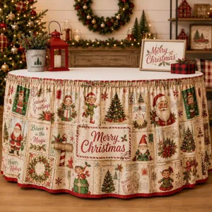 Festlicher Weihnachtstischrock mit Vintage-Motiven, ideal für gemütliche Feiertagsdeko.