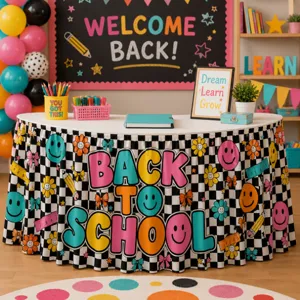 Back to school table skirt checkerboard smiley face classroom party decor table cover 6ft