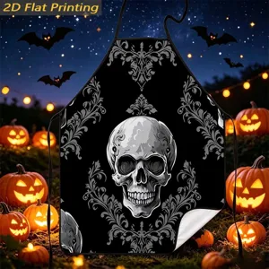 Halloween skull print apron detail, gothic baroque pattern design, black fabric close up view.