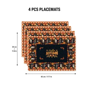 Set of 4 autumn placemats with cute owl pumpkin print, perfect for Thanksgiving table decor.
