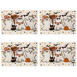 Halloween linen placemats table runners set of 4 cute ghosts pumpkin bat print decor