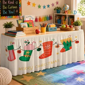 Christmas table skirt featuring festive stockings and elegant text, waterproof polyester fabric.