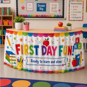 Back to school table skirt classroom decoration party supplies with colorful print design detail view.