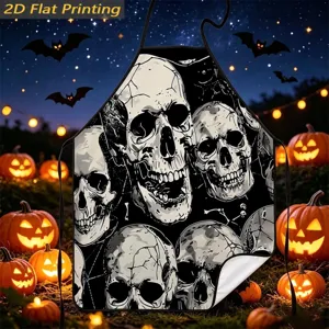 Halloween skull printed kitchen apron detail, spooky home decoration sleeveless cooking bib.