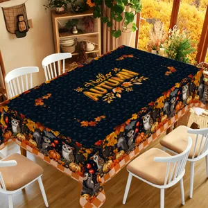 Autumn Thanksgiving tablecloth with cute owl squirrel pumpkin print for dining table decor.
