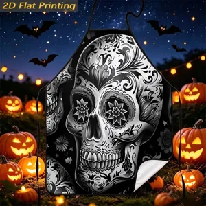 Halloween kitchen apron featuring sugar skull print, festive night scene detail for holiday cooking.
