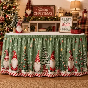 Weihnachts Wichtel Tischrock mit Tannenbaum Muster, ideal für festliche Party Deko.