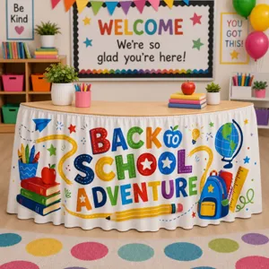 Back to school desk skirt classroom decor party supplies detail view showcasing vibrant print.