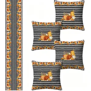 Fall pumpkin table runner and pillow covers set, black and white stripe home textile detail view.