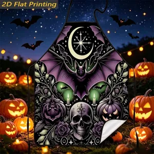 Halloween theme kitchen apron with gothic skull and bat print, waterproof and dustproof.
