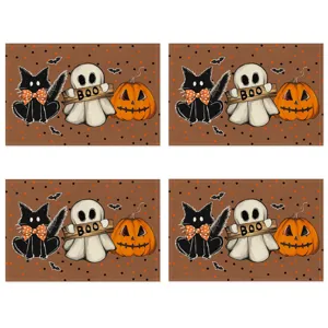 Halloween placemats set of 4 black cat ghost pumpkin brown linen table mats for holiday.
