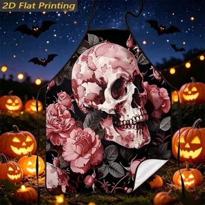 Halloween skull rose print apron detail, spooky festival kitchen cooking decor scene close-up.