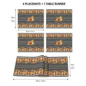 Thanksgiving table runner and 4 placemats set with cute gnome and pumpkin autumn patterns.