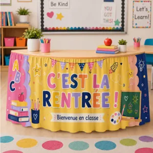 Back to school desk skirt for classroom decoration, colorful table skirt for school party setup.