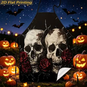 Halloween skull and rose printed kitchen apron, sleeveless fabric cooking apron for home use.