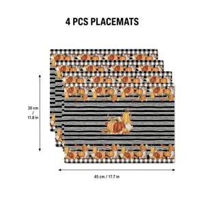 Set of 4 Thanksgiving placemats featuring autumn pumpkin and gnome patterns with chic black white stripes.