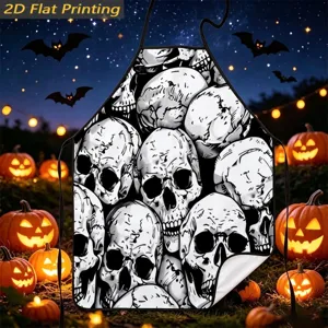 Detailed view of the spooky Halloween skull pattern kitchen apron in a festive setting.