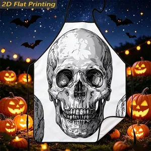Halloween skull apron detail shot, festive kitchen cooking accessory with spooky print design.