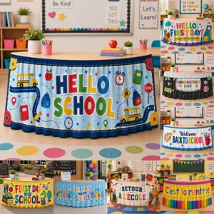 Back to School Table Skirt Classroom Decor Fruit Floral Printed Polyester Party Tablecloth for Kids School Activity