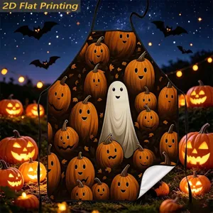 Halloween pumpkin ghost print apron detail, cute holiday kitchen decoration, festive vibe.