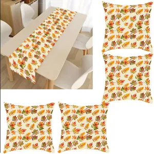 Autumn maple leaf print table runner and pillowcase set for thanksgiving home decor.