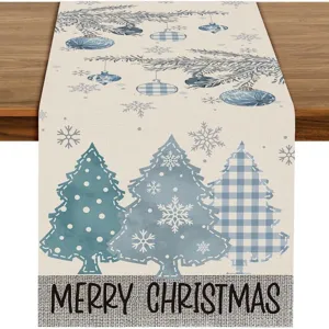 Christmas table runner blue winter snowflake pine tree holiday dining table decor 180cm