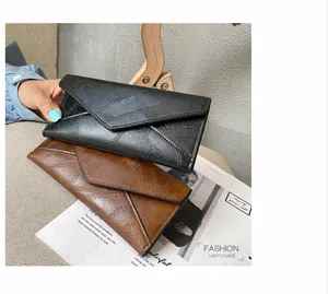 Women long PU leather wallet vintage envelope clutch multi-card large capacity purse