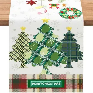 Christmas table runner with plaid trees design, perfect holiday dining table decor.