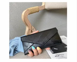 Women's long black soft leather wallet tri-fold design retro clutch purse detail view