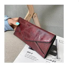 Vintage long women wallet soft leather clutch large capacity trifold purse for daily use