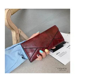 Women long soft leather wallet retro trifold purse vintage clutch card holder handbag