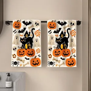 Set van sneldrogende microvezel handdoeken met leuke pompoen en kat Halloween print design.